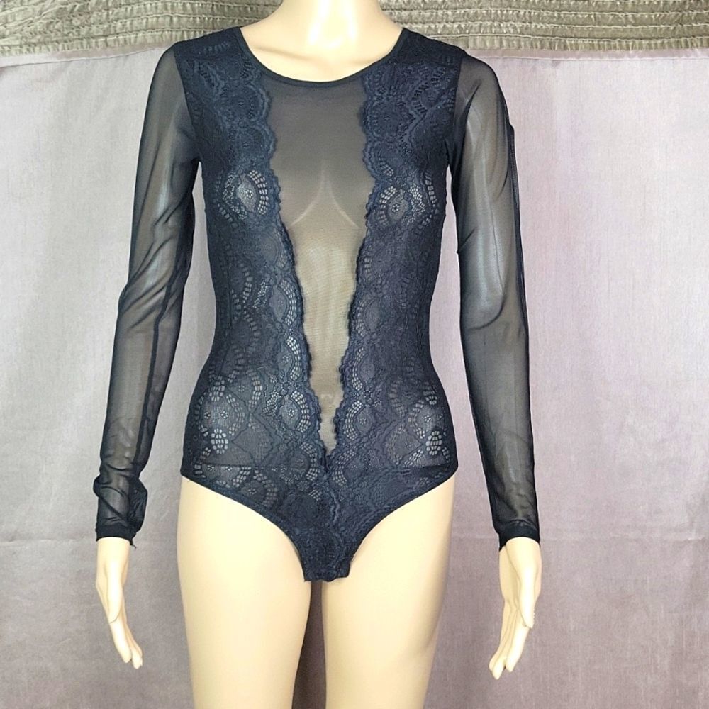 Black Lace Mesh Bodysuit Long Sleeve Sheer Sexy Lingerie Top SP